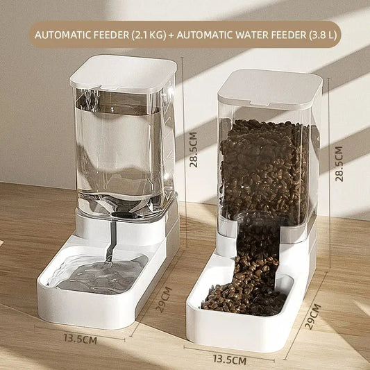 Automatic pet feeder and drinker with food storage dispenser