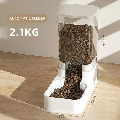 Automatic pet feeder and drinker with food storage dispenser