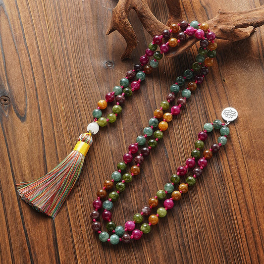 Colorful Tourmaline Beads Necklace for Men and Women, 108 Mala Beads, Meditation Prayer Jewelry, Japamala Rosary, 8mm