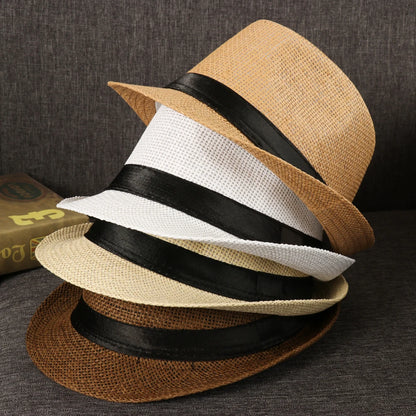 Fashion Men Straw Hat For Women Summer Trendy Beach Sun Hats Solid Color Fedoras Ribbon Casual Cowboy Jazz Cap Gangster Cap Male