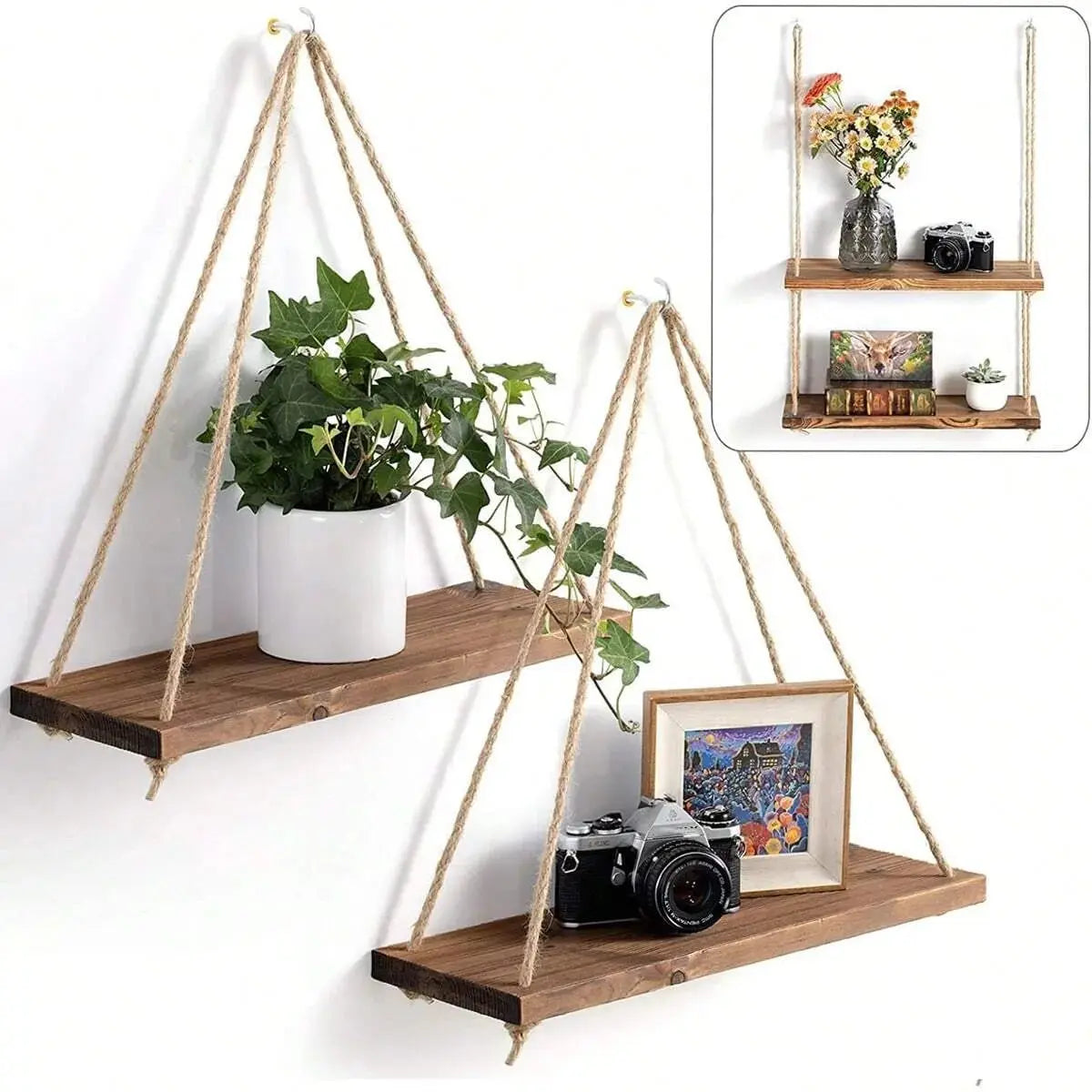 Wooden Swing Hanging Hemp Rope Wall